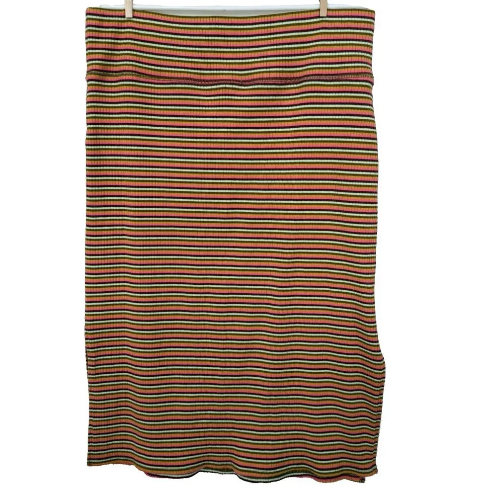 Aerie Ribbed Knit Midi Skirt Sz XL Side Slits Striped Bodycon Sexy Stretchy Boho